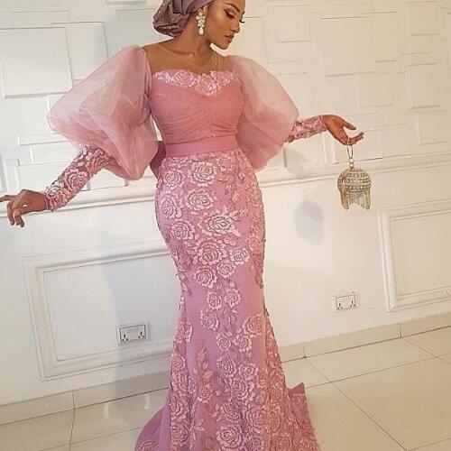 Pink Aso Ebi South African Evening Dresses Mermaid Long Sleeves Lace Beaded Nigeria Dubai Saudi Arabic Evening Gown Prom Dresses