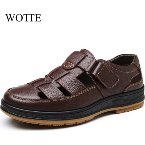 WOTTE Classic Sandals Men Genuine Leather sandaliasHollow Out Casual Shoes Comfortable Solid Outdoor Mens Shoes zapatos hombre