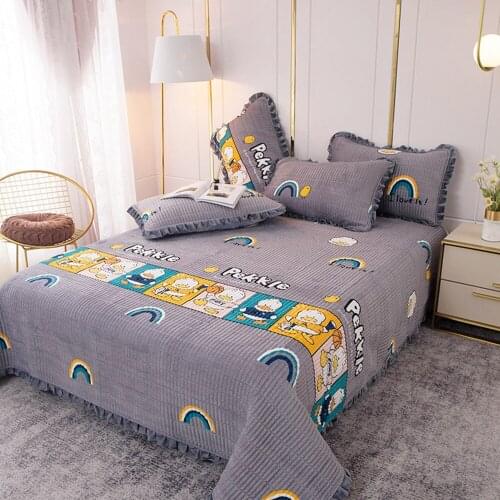 Gray Cartoon DuckCrystal Velvet Bed Sheet Lace Thickened Winter Warm Flat Sheet Flannel Bed Linen Bedspread Home Decor