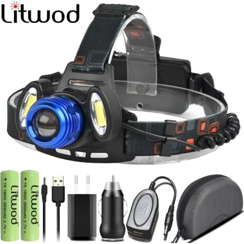 Led Headlamp Camping Head Lamp Flashlight Torch XM-L T6 & 2* Cob Outdoor for Zoom Waterproof Usb Rechargeable 2x 18650 Battery