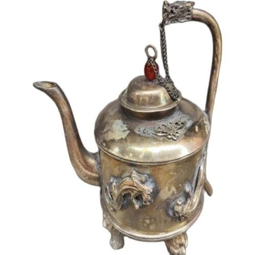 Tibet Old Handmade Tibet Silver Three Feet Engraving Dragon Flagon