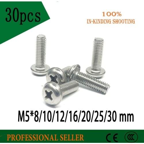 30pcs M5*8/10/12/16/20/25/30mm 304 stainless steel round head screws Pan head with pad screw With dental screw