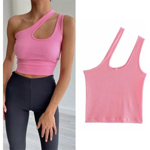 WESAY JESI Womens Clothing Fashion Summer Solid Color Casual Sexy Vest Off Shoulder Sleeveless Slim Fit Tank Asymmetrical Tops