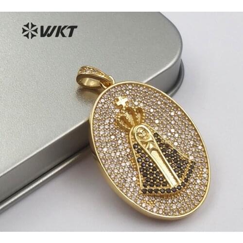 WT-MP105 Vintage Christian Religious Token In Oval Shape Cubic Zirconia Pave Pendant Gold,Silver Color Personlize Gift For Women