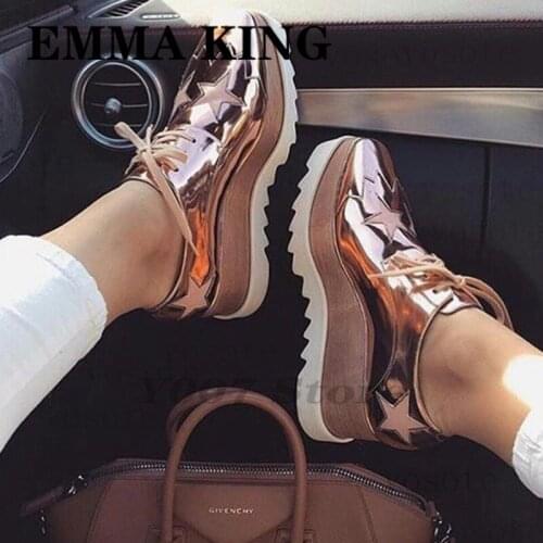 2020 New Genuine Leather Women Sponge Shoes Elyse Stars Patchwork Square-Toe Women Sneakers Casual Lace Up Platform Runway Shoes