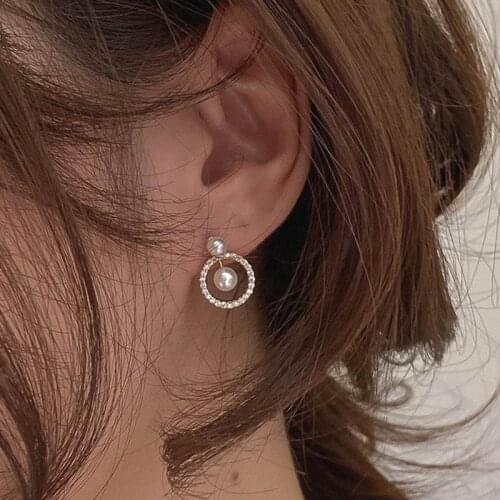 Micro Pave Circle Pearl Stud Earrings For Women Korean Style Elegant Simple Rhinestones Small Round Earings Jewelry Wholesale