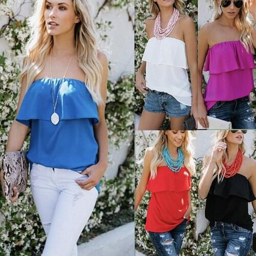 2021 Summer Sleeveless Off-the-shoulder Top Womens Solid Color Sexy One-line Neck Chiffon Shirt Ruffle Top