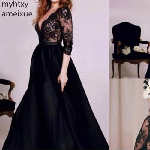 New Arrival V Neck Black Evening Dresses Long 2021 Half Sleeve Gown Dress Dubai Arabic Party Formal Robe De Soiree Hi Low Dress