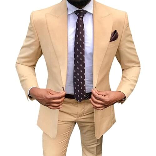 2020 Champagne Suit Mens Wedding Prom Party Suits One Button Business Suit Men Fashion Groom Tuxedos 2 Piece Set (Jacket+Pants)