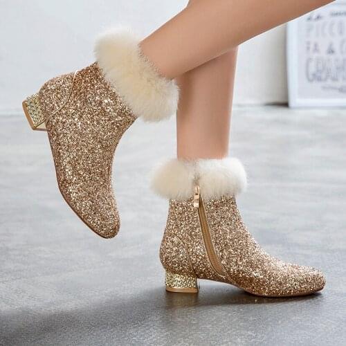 Metal Thick Heel Sequined Cloth Ankle Boots Shiny Material Sweet Shoe Edge Plush Winter Warm Womens Boots Princess Shoes