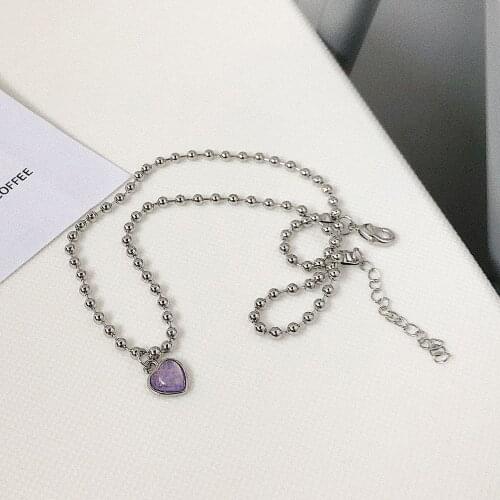 2021 Kpop New Fairy Aesthetic Purple Love Heart Pendant Bead Chain Necklace For Women Friends Goth Halloween Jewelry Gifts