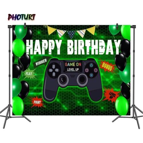 PHOTURT Play Station Backdrop Kids Birthday Party Background Green Balloon Xbox Game Level Vinyl Photo Banner Photography Props