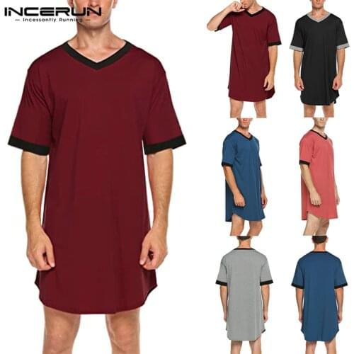 INCERUN Men Sleep Robes Short Sleeve V Neck Nightgown Homewear Comfortable Patchwork Loose Mens Bathrobes Dressing Gown S-5XL