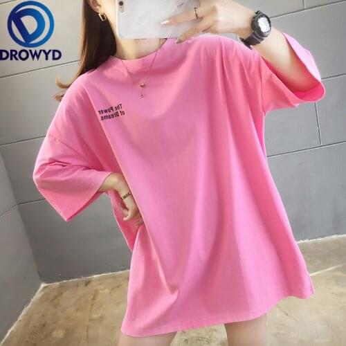 Summer Women Pink T-shirt New Brand Letter Print Cotton T Shirts Female O-Neck Short Sleeve Tshirts Casual Loose Solid Tees Tops