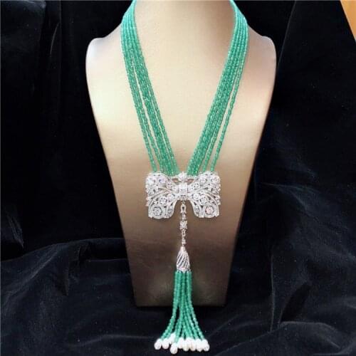 Hand knotted multilayer noble white natural freshwater pearl green stone micro inlay zircon tassel necklace fashion jewelry