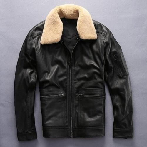 Mens Luxury 100% Sheepskin Genuine Leather Jacket Pilot Slim Fit Fur Collar Aviator Coat Motorcycle Male Outwear Leather Jackets