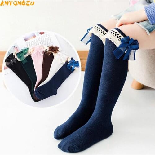 15-19cm 2020 New Lace Bow Girls Cotton Socks Princess Solid Color Children Socks Medium Long Pink Blue Suitable 2-4 Years Baby
