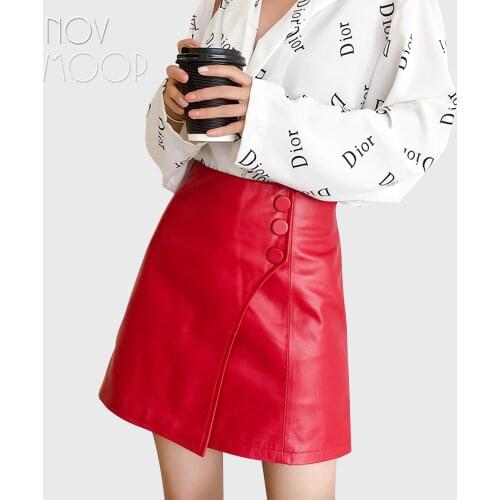 Novmoop genuine leather sheepskin women skirt A line graceful leather wrapped button decor for spring french elegant jupe LT3462