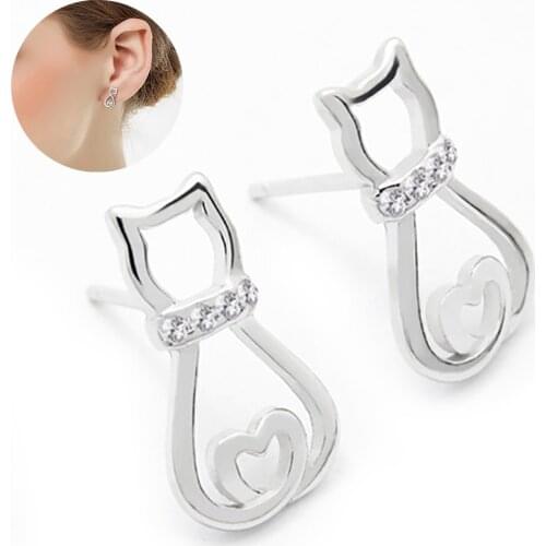 Cute Animal Kitty Rhinestone Stub Shiny Hollow Cat Shape Kitten Hollow Out Stud Earrings For Girls Simple Design Charm Jewelry