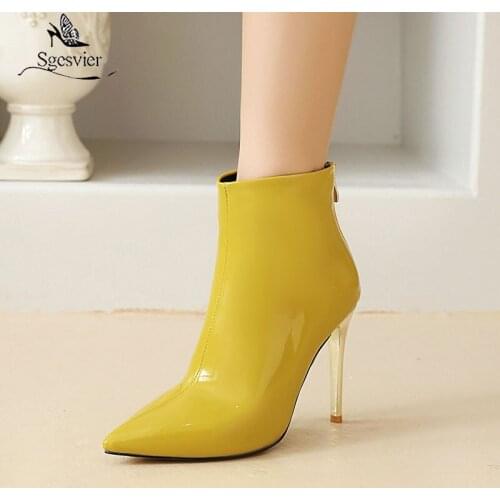 Sgesvier Fashion Patent Pu Leather Yellow Sexy Boots Stiletto High Heels Ankle Boots Black Pointed Toe Womens Party Shoes Autumn