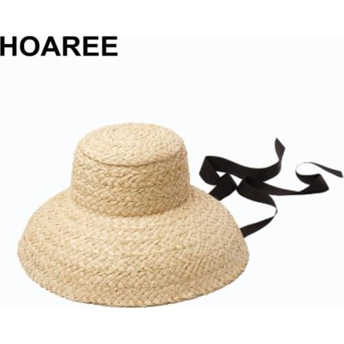 HOAREE Raffia Womens Sun Hat Self Tie Wide Brim Spring Summer Beach Hat Travel Holiday Sun Visor Designer Brand Straw Hat