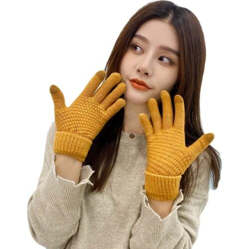 Sparsil Woman Warm Knitted Touch Screen Gloves Autumn Winter Fleece Outdoor Cycling Mittens New Full Finger Solid Cashmere Glove