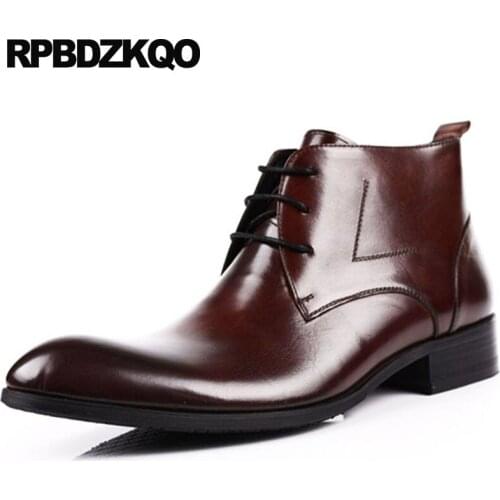 Wedding Chunky Shoes Lace Up Plus Size Formal Big Full Grain Leather Booties Brown Mens Pointed Toe Dress Boots Oxford Ankle