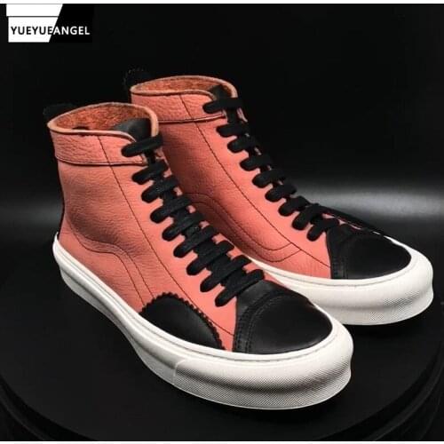 High Top Hip Hop Mens Genuine Leather Casual Leather Boots Personality Mixed Colors Round Toe Lacke Thick Bottom Boots Sneakers