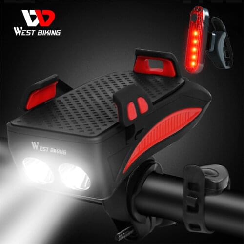 WEST BIKING 4 In 1 Multifunction Bike Light USB Charging 400 Lumens Bicycle Front Light Horn Phone Holder Power Bank Flashlight