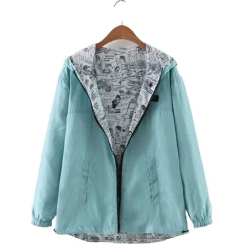 MERRY PRETTY Autumn Women Two Side Wear Jackets Pocket Zipper Hooded Coats Fashion Girl Cartoon Print Hoodies Solid Outwear Tops