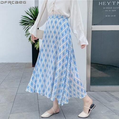 2019 New Casual Blue Pink Skirt For Women Vintage Striped Plaid Ladies Skirts Summer Autumn A-line Falda Midi Chiffon Jupe Femme