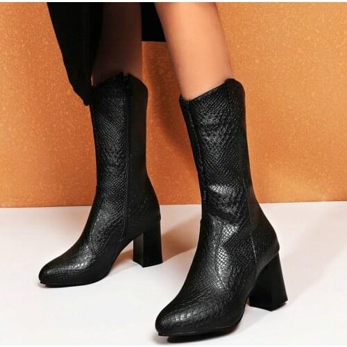 AGODOR Snake Print Knee High Boots All Match Pointed Toe Square High Heel Cowboy Boots Women Winter Boots Shoes Plush Size 34-45