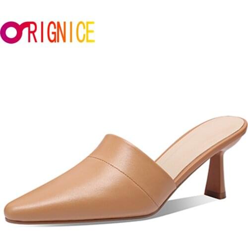 Orignice Brand Design Fashion Women High Quality Mules Thin Heels Elegant Sexy Pointed Toe Solid Color Party Dress Shoes Beige