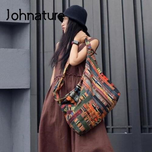 Johnature Handmade Printing Shoulder Bags 2021 New Vintage Large Capacity Women Bag Leisure All-match Female Messenger Bag