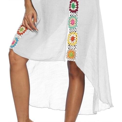 Women Bikini Bathing Suit Swimsuit Cover Ups Crochet Colorful Floral Asymmetric Beach Dress 3/4 Sleeves Sexy Cold Shoulder