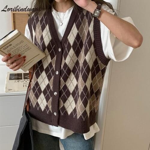 Loribindwood 2021 New Autumn Winter Women Sweaters V-Neck Sleeveless Oversized Retro Vest Checkered Waistcoat Lady Tops
