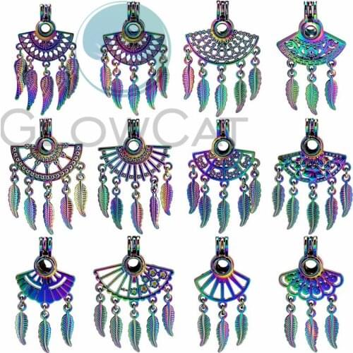 1PC Rainbow Filigree Sector Locket Pendant Essential Oil Diffuser Beads Cage Pearl Cage Bohemia Jewelry