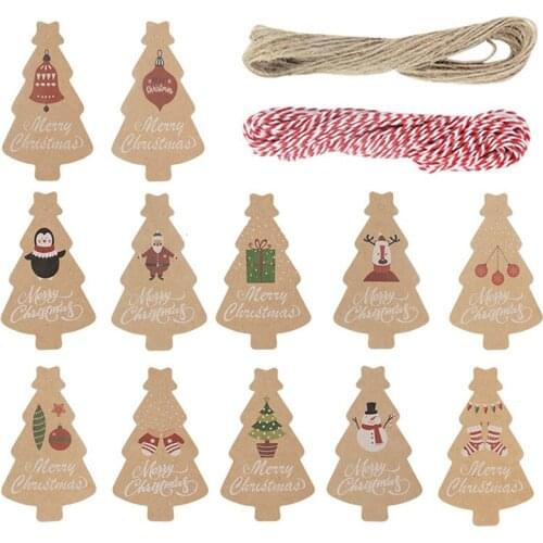 100/120pcs Kraft Paper Chrsitmas Hang Tags With Rope Santa Claus Snowman Deer Pattern Xmas Label Gift Wrapping Decor Gift Cards