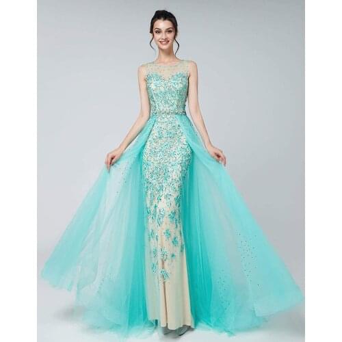 Long Evening Dresses Illusion Neckline Turquoise Lace With Removable Skirt Arabic Prom Party Gown Vestidos Robe De Soiree Fiesta