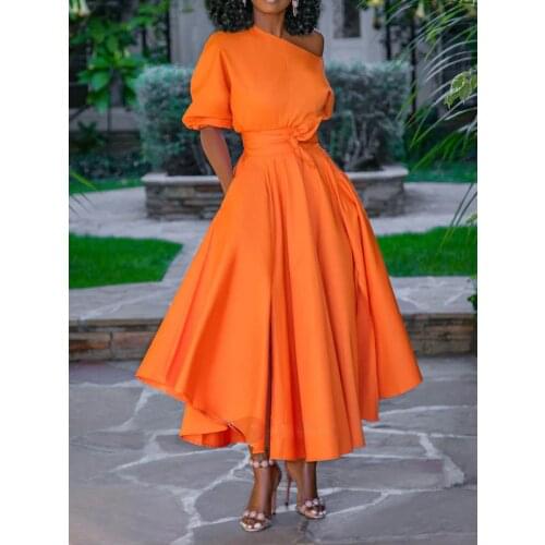Summer one shoulder diagonal collar short sleeve asymmetrical maxi dress with sashes orange blue pink white party dresses 2021