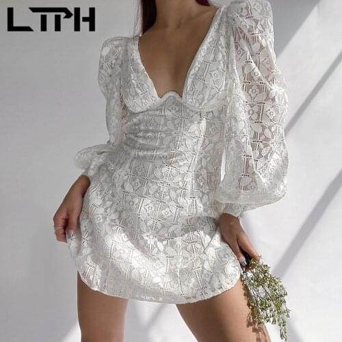 LTPH thin white lace dress women sexy deep V-neck backless hook flower hollow long sleeve elegant mini dresses 2021 summer new