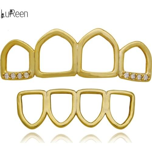 LuReen Luxury Hollow Open Gold Grillz Teeth Top Bottom CZ Crystal Dental Grills Tooth Caps Halloween Cosplay Party Jewelry