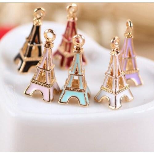 Oil Drop Charms 10pcs/lot Metal Cute Tower Charm Pendants Gold-Color Floating Enamel Fashion Jewelry Accessories