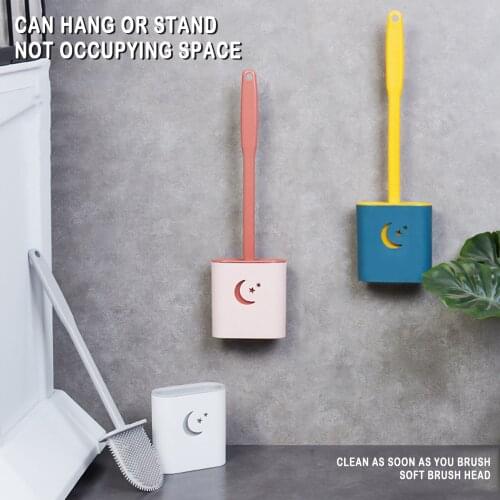 Moon Star Wall Mount Toilet Brush Set Long Handle Bathroom Soft Brush Holder With Lid Thoroughly Clean Any Corner Lightweight P5
