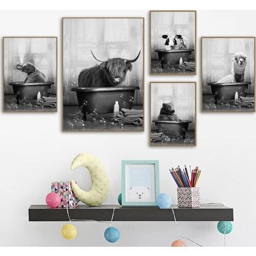 Wall Art Canvas Painting Animal in Bathtub Giraffe Bear Elephant Cow Alpaca Print Nordic Posters Picture Nursery Kids Room Decor