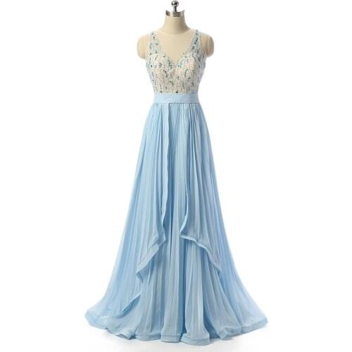 2019 Beautiful Sky Blue Beading A Line Evening Dress with Long Competition Dresses Evening Dress Plus Size Support customized