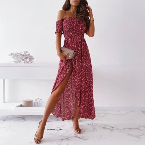 Floral Printed Bohemian Dress Off Shoulder Women Short Sleeve Dress Flowy Summer Split Ladies Summer Dress Female D30