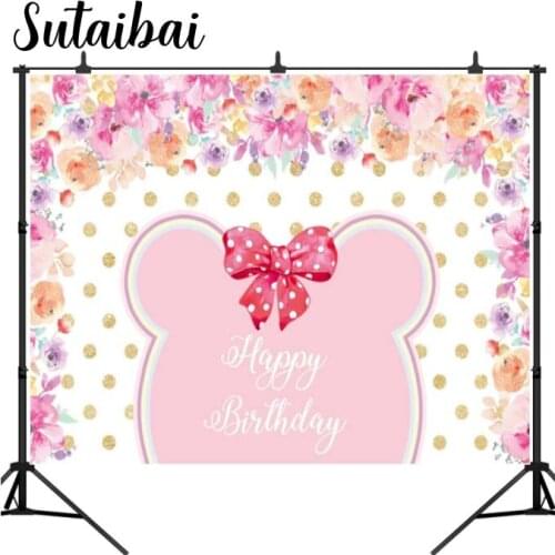 Pink Mouse Girl Party Supplies Flowers Pastel Glitter Gold Dot Photozone Decor Happy Birthday Event Photobooth Decor