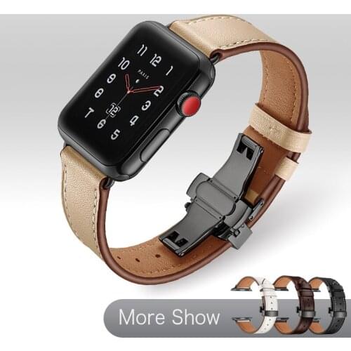 Butterfly Buckle Leather Watchband For Apple Watch Series 6 5 4 40/44mm Wrist Strap Genuine Leather Watch Bracelet Band 38/42mm