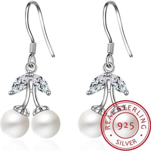 925 Solid Real Sterling Silver Jewelry Cherry Red Pearl With Cubic Zirconia Drop Earrings Boucle D'oreille For Teen Girls Friend